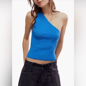 🔷 NWT 🔷Free People Good-Taste Large One-Shoulder Rib Crop Top in Blue